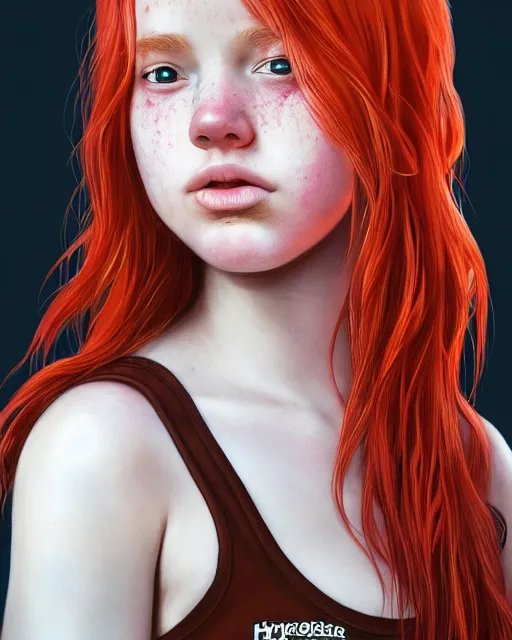 Image similar to portrait of 1 4 - year - old girl with flaming red hair, a lot of freckles, and bright brown eyes, wearing shirt, hyper realistic face, beautiful eyes, character art, art by mark brooks, hyperdetailed, cryengine, trending on artstation, digital art