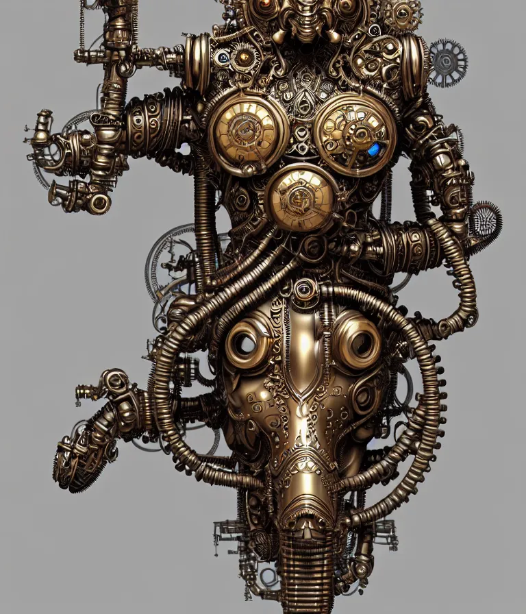 Image similar to steampunk cybernetic biomechanical ganesha, front facing, symmetric, 3 d model, very coherent symmetrical artwork, unreal engine realistic render, 8 k, micro detail, intricate, elegant, highly detailed, centered, digital painting, artstation, smooth, sharp focus, illustration, artgerm, tomasz alen kopera, wlop