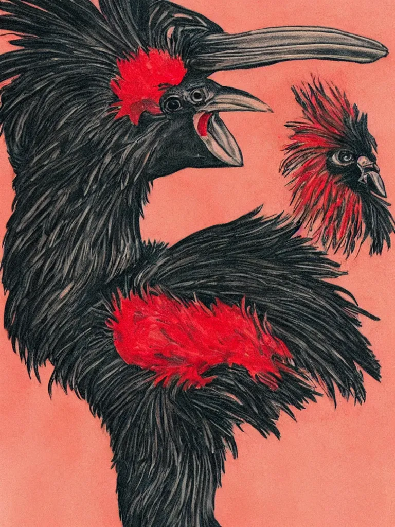 Prompt: close up portrait of a cute Black Chicken with a red comb, smoking, cybercannabis vibes, style of tattoo by Norman Rockwell