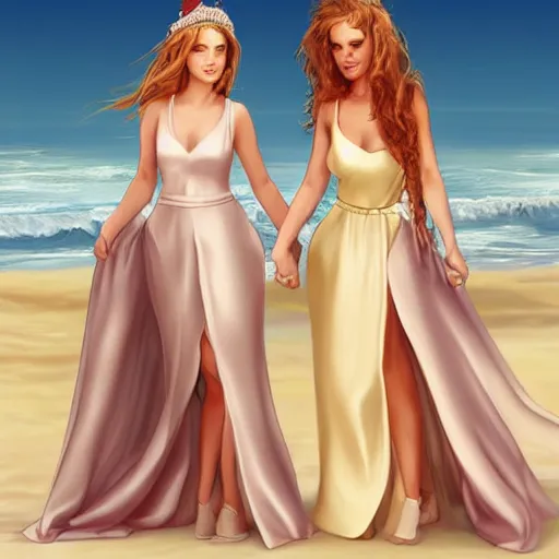 Image similar to two beautiful princesses in skintight satin prom dresses on the beach drawn by charlie bowater