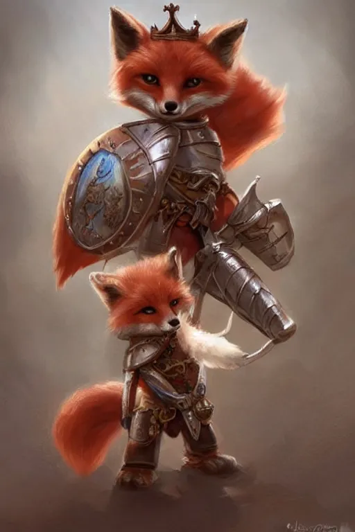 Image similar to cute little anthropomorphic foxy knight wearing a cape and a crown, tiny, small, miniature fox, baby animal, short, pale blue armor, cute and adorable, pretty, beautiful, DnD character art portrait, matte fantasy painting, DeviantArt Artstation, by Jason Felix by Steve Argyle by Tyler Jacobson by Peter Mohrbacher, cinematic lighting