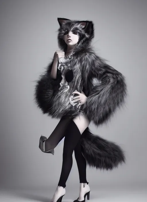 Image similar to full body environmental portrait photo of dressed catgirl anya taylor - joy, cat ears, fur, glamour shot by gemmy woud - binnendijk, chris knight, photorealistic, canon r 3, high fashion photography, elegant, luxury and elite, symmetry, octane render, unreal engine, solid dark grey background, dramatic studio lights, high fashion journal cover