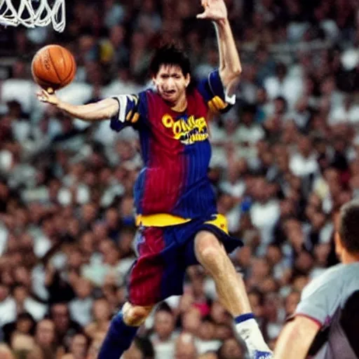 Image similar to lionel messi doing a slam dunk next to michael jordan