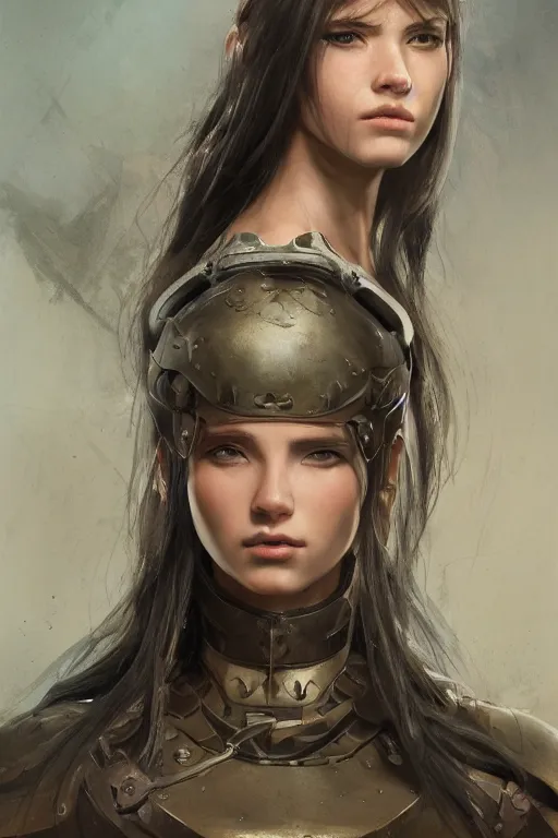 Image similar to a photorealistic painting of an attractive young girl, partially clothed in battle armor, olive skin, long dark hair, beautiful bone structure, perfect eyes, symmetrical facial features, intricate, elegant, digital painting, concept art, illustration, sharp focus, minimal artifacts, 8k, from Metal Gear, in the style of Ruan Jia and Mandy Jurgens, by Greg Rutkowski, trending on Artstation, award winning