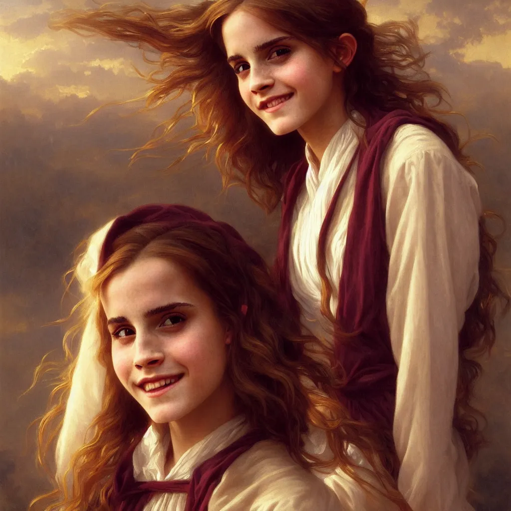 Prompt: Painting of Emma Watson as Hermione Granger. Wearing Hogwarts!!! robes!!!. Smiling. Happy. Cheerful. Art by william adolphe bouguereau. During golden hour. Extremely detailed. Beautiful. 4K. Award winning.