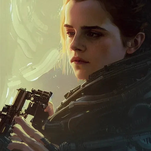 Image similar to Emma Watson in Alien Isolation, intricate, highly detailed, digital painting, artstation, concept art, sharp focus, illustration, art by greg rutkowski and alphonse mucha