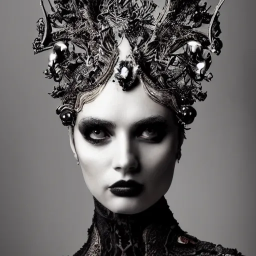 Image similar to a portrait of female model by stefan geselle and nekro borja, photorealistic, intricate details, hyper realistic, dark fantasy, ornate headpiece, dark beauty, photorealistic, canon r 3, photography, wide shot, photography, dark beauty, symmetrical features, wide angle shot, whole body, full body shot, 3 / 4 shot, environmental portrait