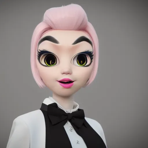 Prompt: A portrait of a female magician wearing a business suit, a cute 3d cgi toon young woman, full round face, light makeup, pale skin, medium shot, mid-shot, hyperdetailed, 8k, trending on artstation, as a Pixar character