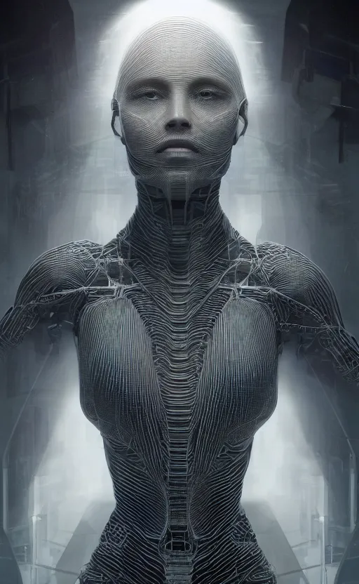 Prompt: Female in office dress, hyperrealistic mixed media, stunning 3d render inspired art by P. Craig Russell and Barry Windsor-Smith + perfect facial symmetry + dim volumetric lighting, 8k octane beautifully detailed render, post-processing, extremely hyperdetailed, intricate futuristic mechanic parts, epic composition, grim yet sparkling atmosphere, cinematic lighting + masterpiece, trending on artstation