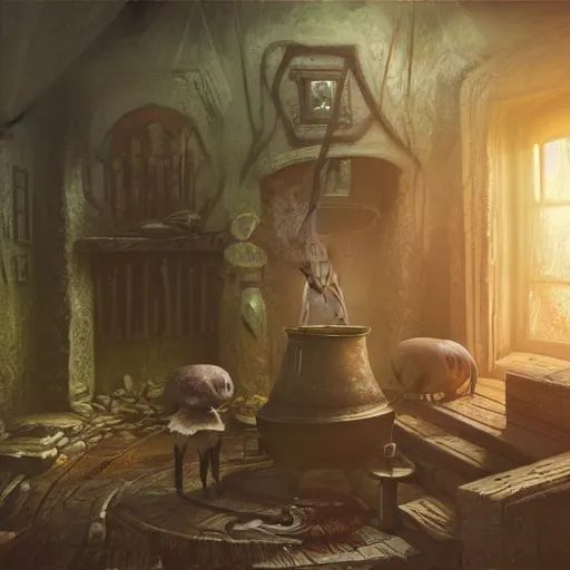 Image similar to interior witch's house with a cauldron smoking, one crow, fantasy art, in the style of greg rutkowski, illustration, epic, fantasy, cinematic, intricate, hyper detailed, artstation, concept art, smooth, sharp focus, ray tracing