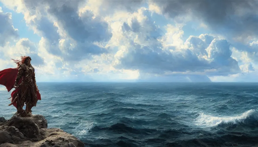 Prompt: excellent painted daemon in a wide epic beautiful landscape somewhere in the ocean with fluffy clouds, painted by Hans Fredrik Gude, Greg Rutkowksi, Craig Mullins and Artgerm, masterpiece, 4k, ultra realistic highly detailed oil painting