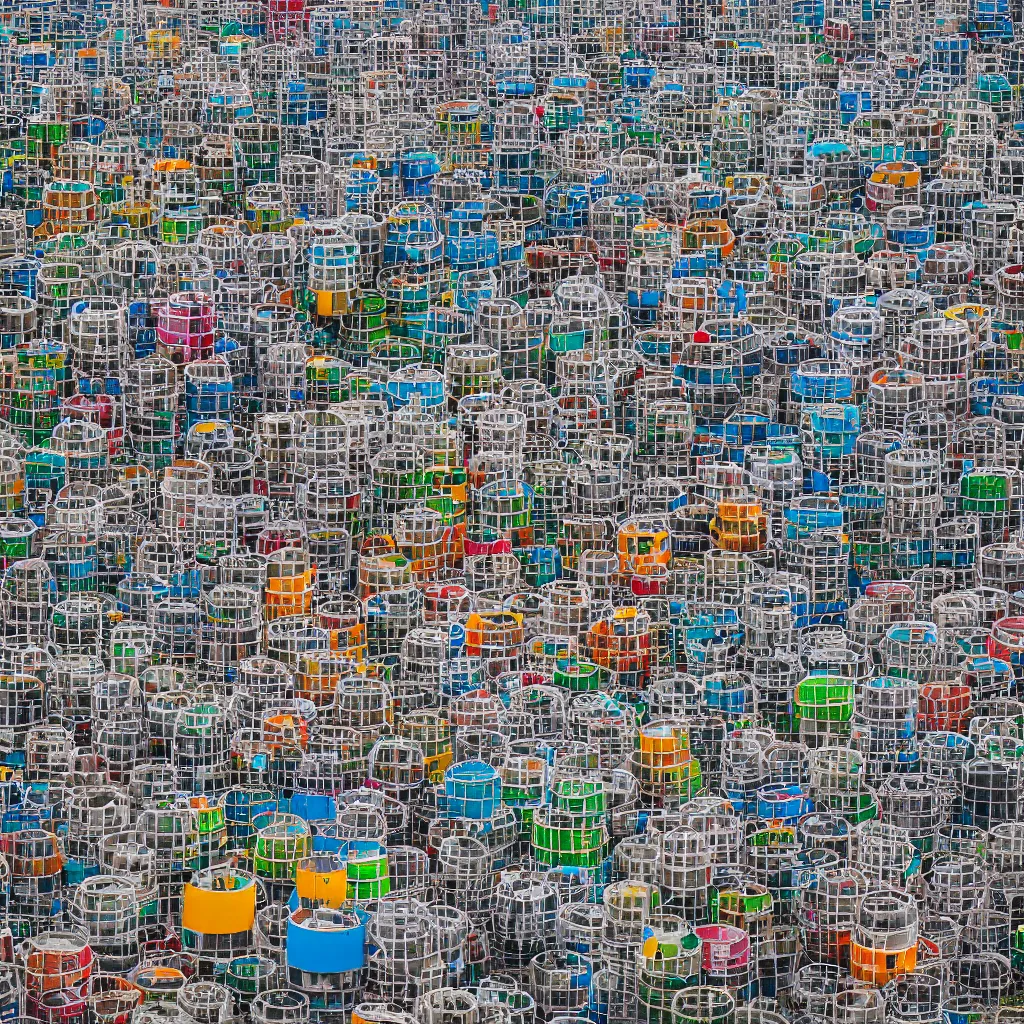 Image similar to circular towers, made up of colourful makeshift squatter shacks, vertical blank spaces, dystopia, sony a 7 r 3, f 1 1, fully frontal view, photographed by jeanette hagglund and terry gilliam