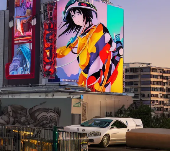 Image similar to billboard advertisement with an extremely beautiful photo of a white marble statue of an anime girl with colorful motocross logos and motorcycle helmet with closed visor, colorful smoke in the background, carved marble statue, fine art, neon genesis evangelion, virgil abloh, offwhite, denoise, highly detailed, 8 k, hyperreal