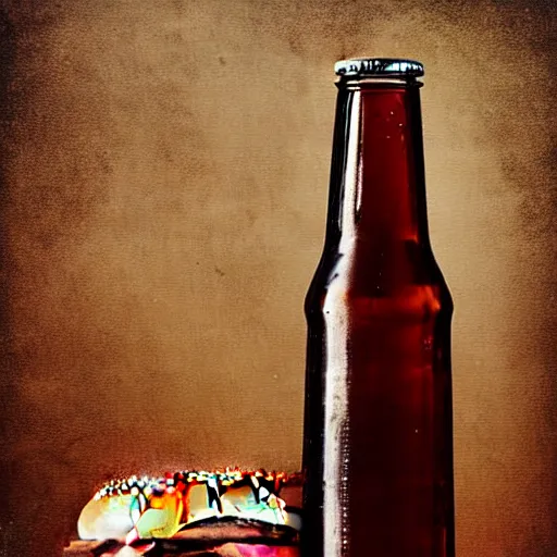 Prompt: studio photograph glass bottle soda and a hamburger