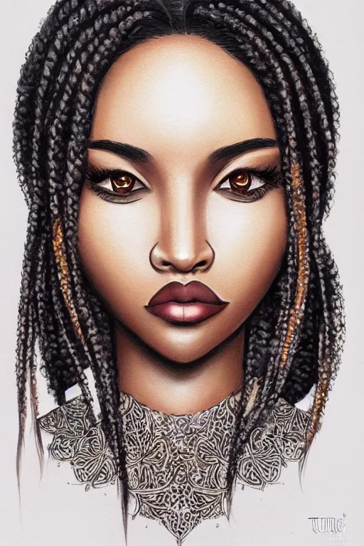 Prompt: A bust of a beautiful dark skinned Dominican Republic girl with large lips and smooth eyebrows and straight hair, HD, illustration, epic, fantasy, intricate, elegant, amazing detail, digital painting, artstation, concept art, smooth, sharp focus, illustration, art by Turine Tran