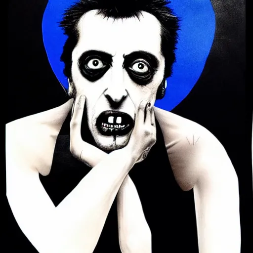 Image similar to al pacino devilish version. an unnatural abomination, red skin. black eyes, fangs. grunge, horror, dmt, dark and muted colors, detailed airbrush art, by yves klein