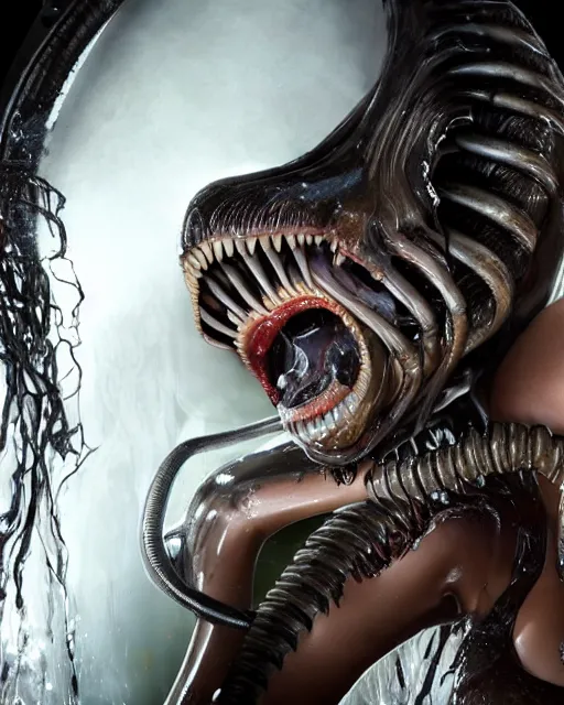 Image similar to cinematic full - body - shot still of kim kardashian being mouth fed by an xenomorph in a transparent alien liquid, wet flowing hair, gooey skin, illustration, unreal engine 5, 8 k, made by h. r. giger.