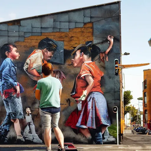 Prompt: highly detail people watch some mural in wall near local stadium, 8 k uhd, rgba color, by banksy, fintan magee