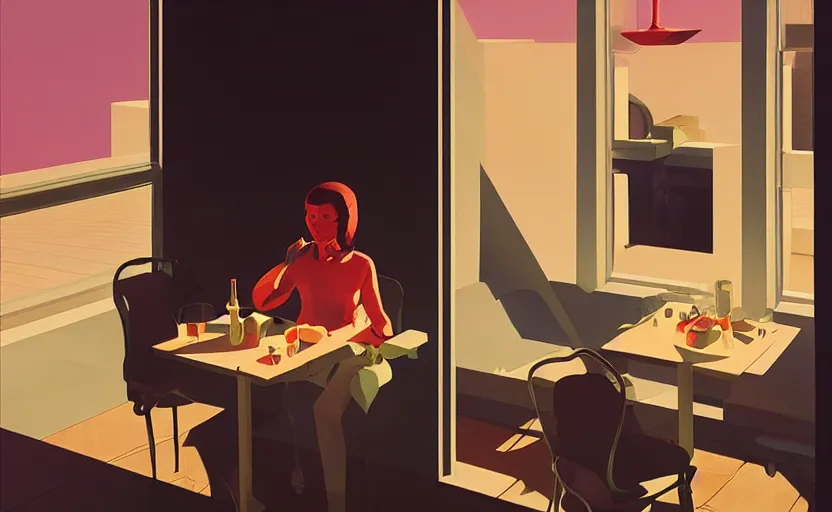 Image similar to eating in heaven, surreal illustration, by atey ghailan and escher and edward hopper,