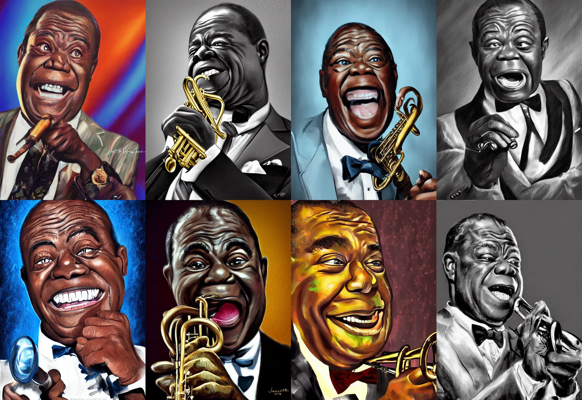 Prompt: a portrait of louis armstrong telling a joke, by jamie coreth, dramatic lighting, highly detailed digital painting