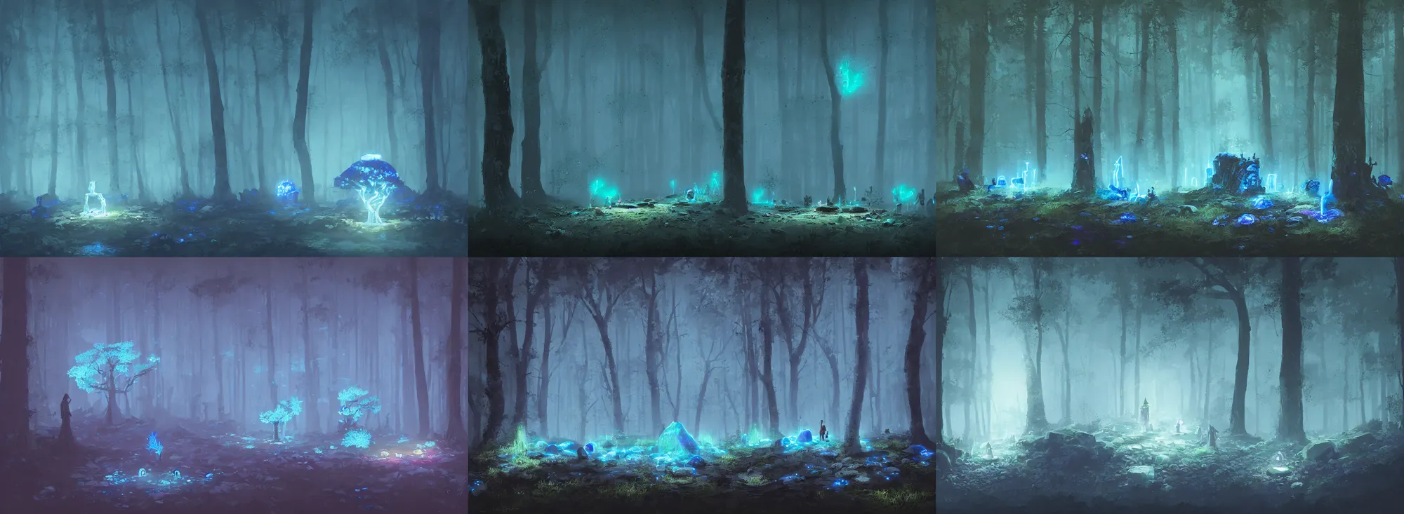 Prompt: stone altar surrounded by blue glowing bioluminescent mushrooms growing on trees in a forest at dark night, bright contrast, Ruan Jian, Ismail Inceoglu, digital 4K painting