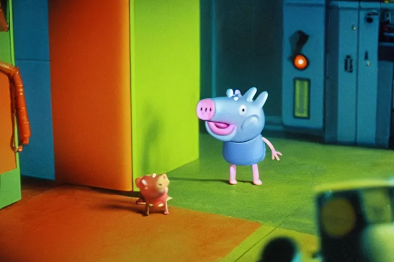 Image similar to peppa the pig with xenomorph body from movie alien 1 9 7 9, staying at nostromo spaceship. extreme long shot, cinestill, black and blue and acid green colors