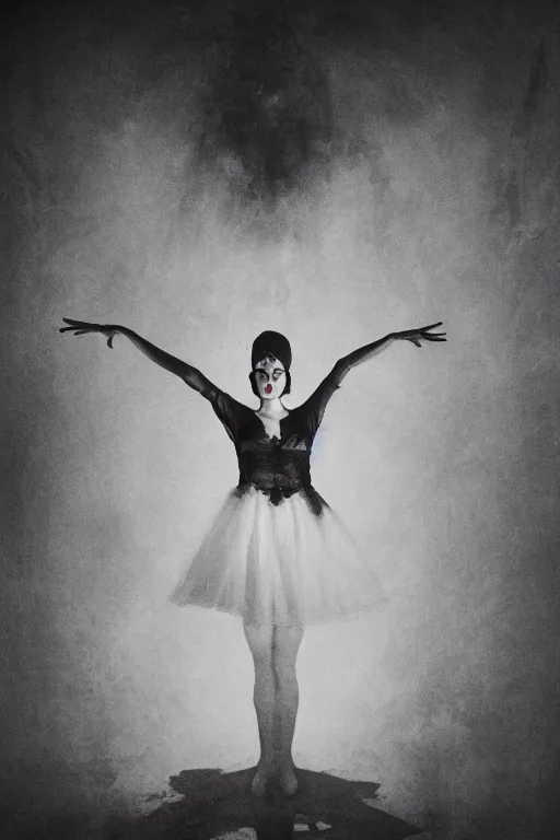 Prompt: dark ballerina, emil melmoth, concept art, deviantart, dark, 3 5 mm, chiaroscuro, surrealist, victorian, mist, dark, on an empty stage from above, symmetrical face