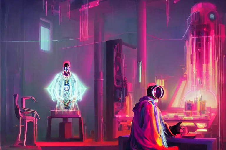 Image similar to a beautiful masterpiece painting of a cybernetic technomancer wizard in robes with pointed hood discussing sentience with 3 of his synthesized AI djinn in his laboratory near a computer by Remedios Varo and Anato Finnstark and Greg Rutkowski, dayglo pink, dayglo blue, dazzle camouflage!, 8k, trending on ArtStation