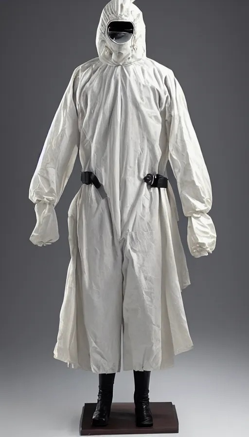 Image similar to a hazmat suit designed in the 1 8 th century, cutting edge technology of the time, hazard protection gear from the 1 8 0 0's, a museum piece