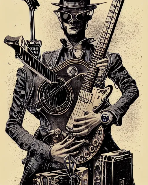 Image similar to a majestic steampunk alchemists guitar leaning on an guitar amp, two point perspective, furniture, high details, bold line art, by vincent di fate and joe fenton, inking, etching, screen print, masterpiece, trending on artstation, sharp, high contrast, hyper - detailed,, hd, 4 k, 8 k