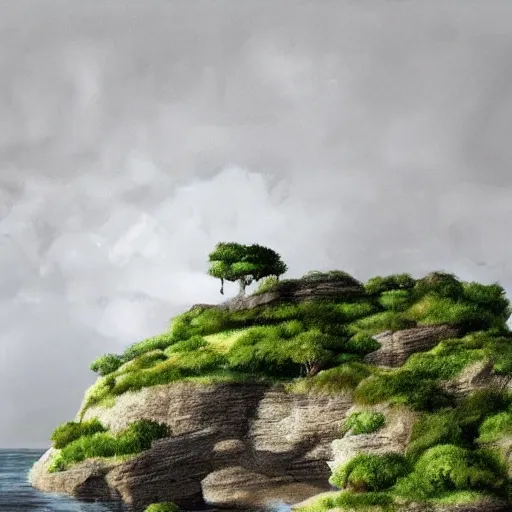 Image similar to an island floating in the air, the island is rocky and bare with some vegetation, waterfalls left from the island flowing into the sea, highly detailed, animated, lovely, dreamy, morandi colour scheme, strong light and shadow atmosphere, painted by ghibli