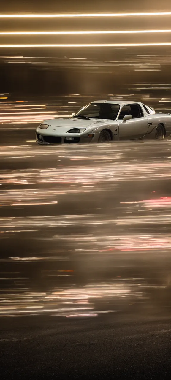 Image similar to a jdm mazda rx - 7 on a highway, cinematic, long exposure, white balance, 8 k, led, lumen global illumination, fog, ray tracing reflections