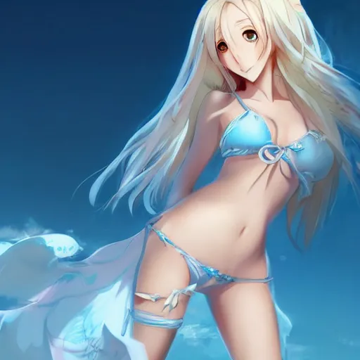 Prompt: a very beautiful young anime flower girl, full body, long wavy blond hair, sky blue eyes, full round face,, bikini, miniskirt, front view, mid - shot, highly detailed, cinematic wallpaper by stanley artgerm lau