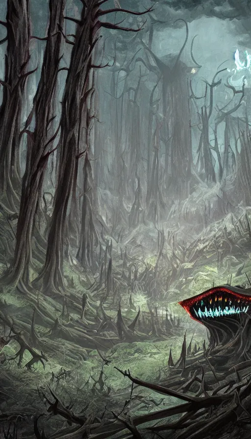 Image similar to a storm vortex made of many demonic eyes and teeth over a forest, by pixar concept artists