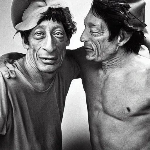 Prompt: jim varney has a best friend named jim varney and they look identical to each other, they like to play tickle games and hug each other and play tummy sticks and hide the oil in the belly button. stunning dramatic portrait