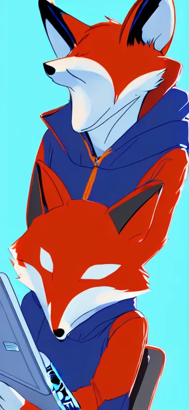 Prompt: an sketch art of anthropomorphic fox in a blue hoodie hacking a portable computer by gainax studio, artstation, digital art, oc commission, high detailed, stylised