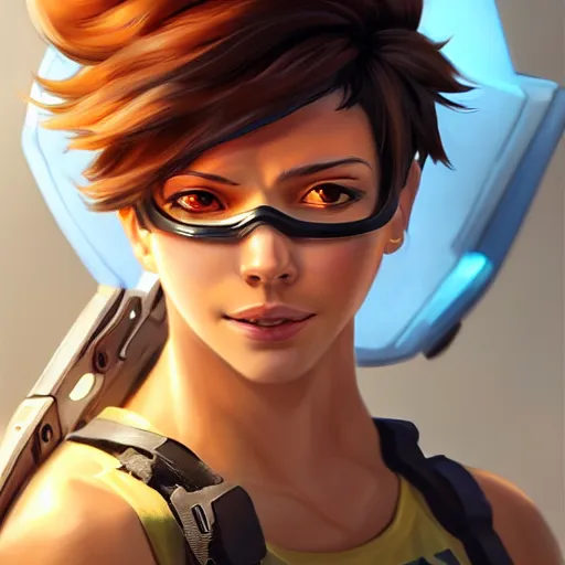 Prompt: a highly detailed portait of tracer from overwatch with muscles, digital art, pretty face, muscular, very beautiful face, very detailed eyes, 8 k resolution, digital painting, by james gurney wlop, greg rutkowski, full body