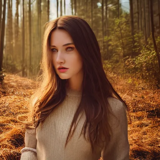 Image similar to real life photo of a beautiful girl, full body photoshoot, long brown hair, brown eyes, full round face, short smile, belly free, brown sweater, forest setting, cinematic lightning, medium shot, mid - shot, highly detailed, trending on artstation, unreal engine 4 k, 8 0 mm, 8 5 mm, cinematic wallpaper