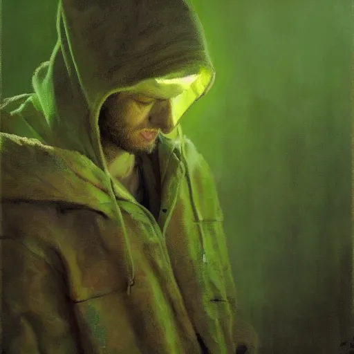 Image similar to portrait of a lost chad programmer with green hood by jeremy mann, dramatic lighting, close up