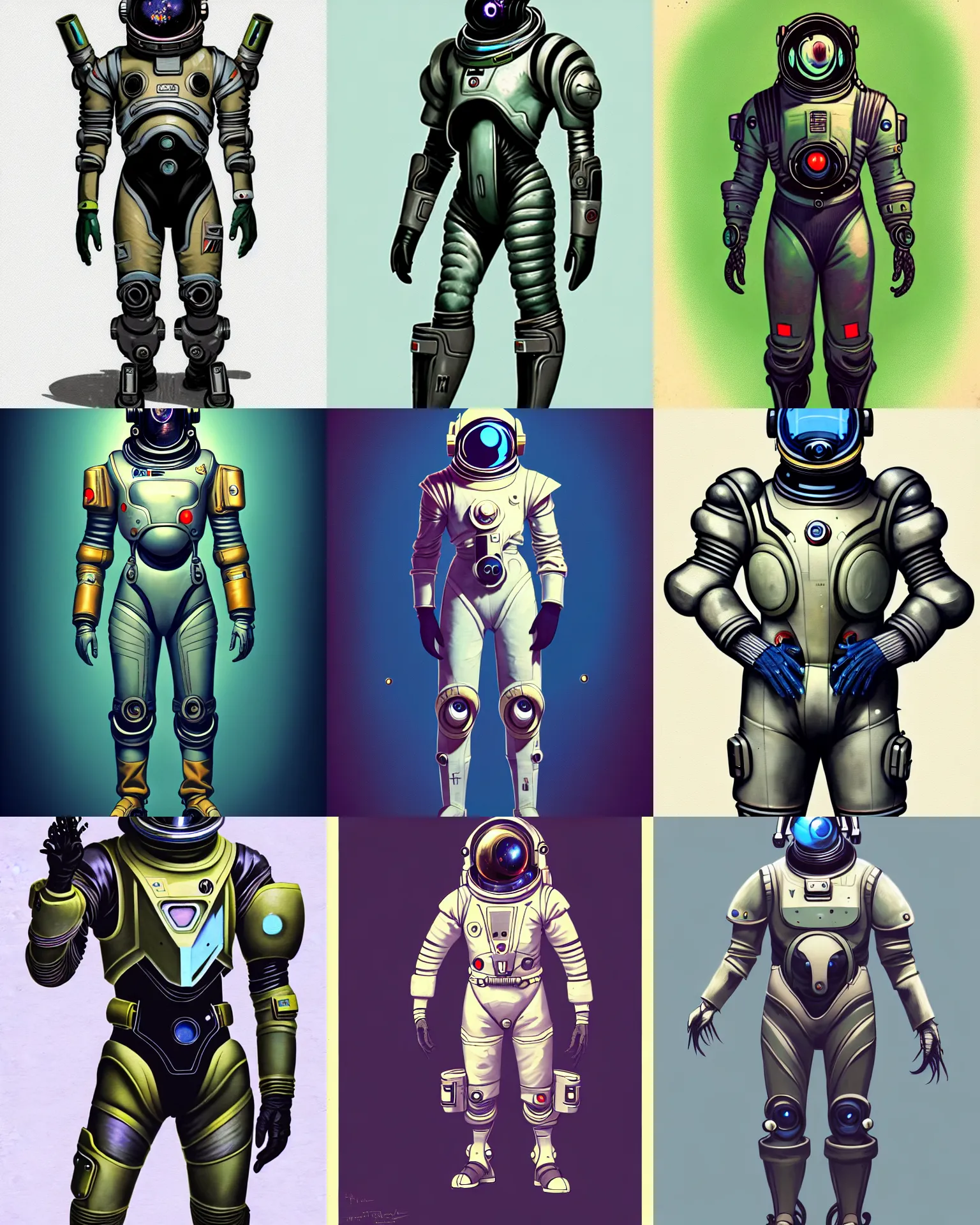 Prompt: full body portrait, bulky epic male concept art character of a space suit, 1 9 5 0 s retro future space suit, occult, scifi design, h. r giger, cute, stylized, heroic by jean baptiste monge, overwatch, muted color scheme, 8 k, close up