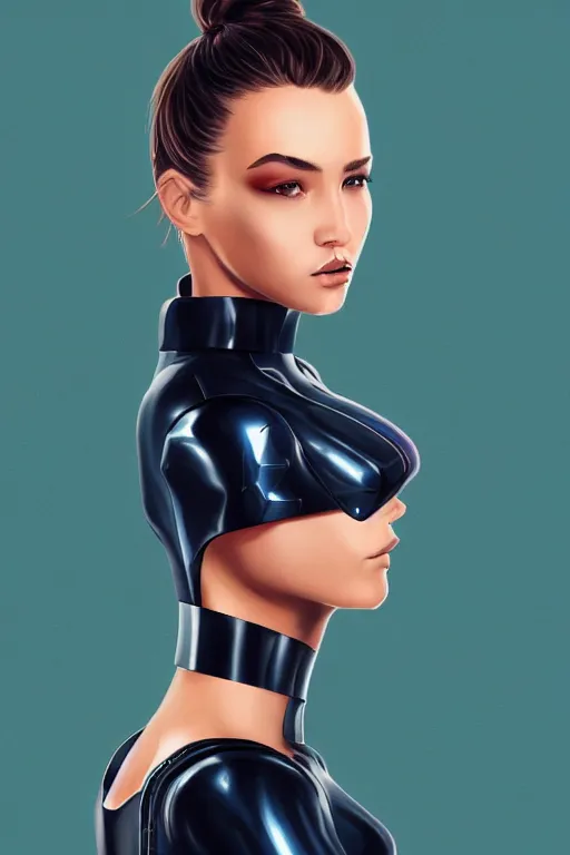 Image similar to a stunning upper body portrait of a beautiful young woman wearing futuristic deep black battle bodyarmor with ombre navy blue teal hairstyle blowing in the wind by marvel comics, digital art, trending on artstation