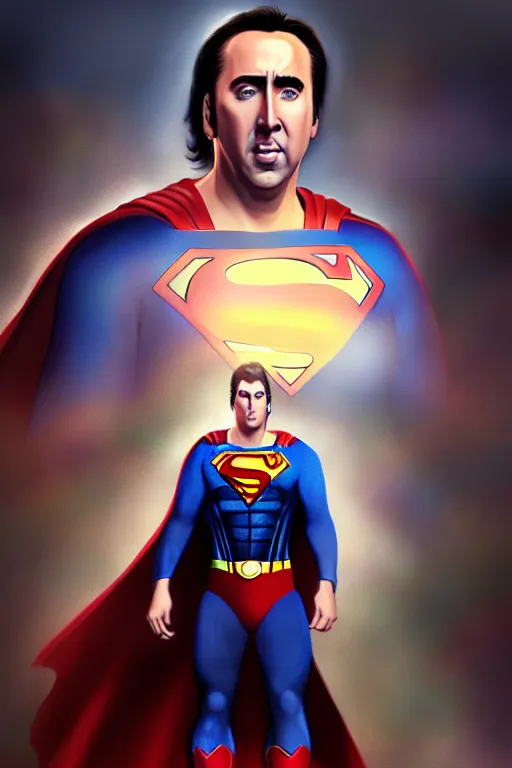 Image similar to portrait of nicolas cage as superman looking away from the camera, intricate, extremely detailed digital painting by greg rutkowski, artstation