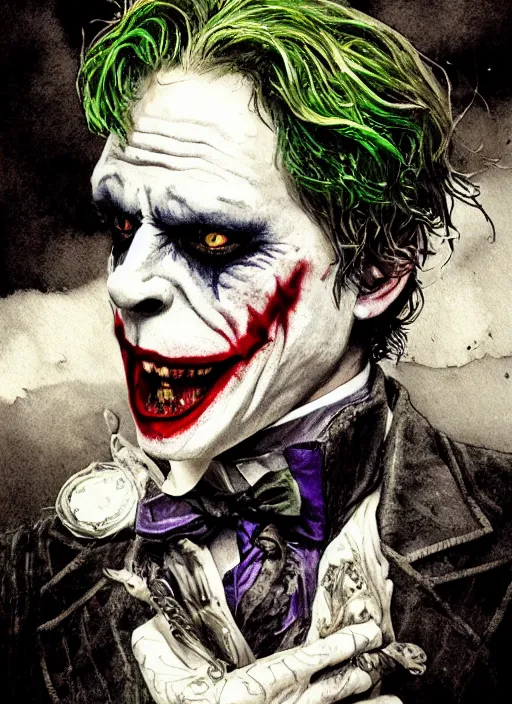 Image similar to portrait, Victorian Era Joker, watercolor, dramatic lighting, cinematic, establishing shot, extremly high detail, foto realistic, cinematic lighting, pen and ink, intricate line drawings, by Yoshitaka Amano, Ruan Jia, Kentaro Miura, Artgerm, post processed, concept art, artstation, matte painting, style by eddie mendoza, raphael lacoste, alex ross