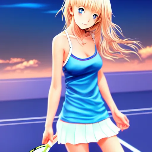 Image similar to a very beautiful young mature anime tennis girl, full body, long wavy blond hair, sky blue eyes, full round face, short smile, bikini, miniskirt, highly detailed, cinematic wallpaper by stanley artgerm lau