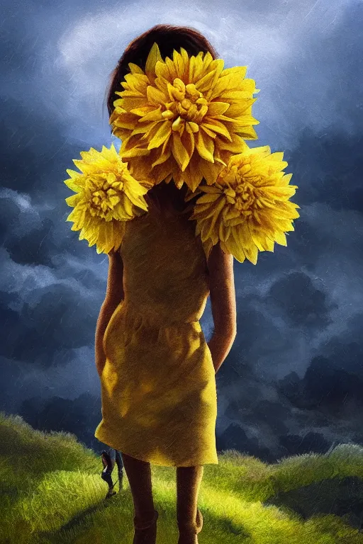 Image similar to closeup girl with huge yellow dahlia flower face, intricate, standing on mountain, surreal photography, blue storm clouds, dramatic light, impressionist painting, digital painting, artstation, simon stalenhag