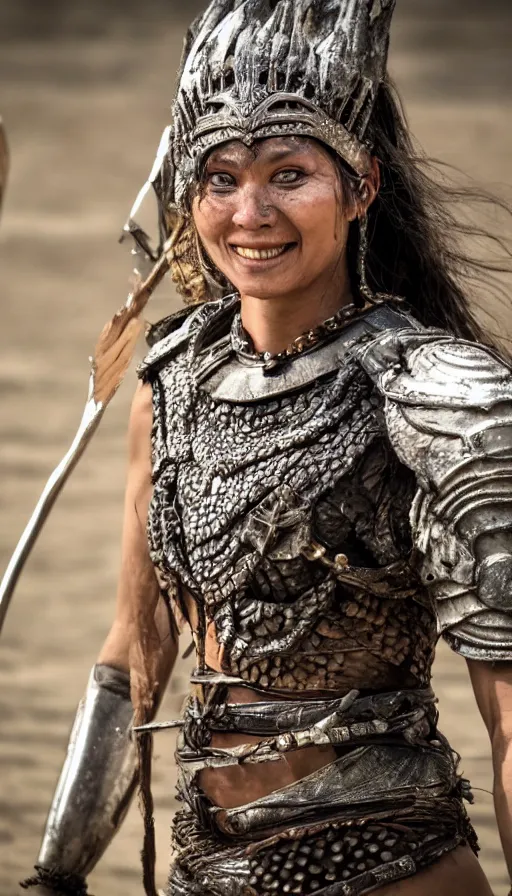 Prompt: sweated smiling ancient princess tribewoman in berserk, partially destroyed armor inspired monster hunter, low shot camera, muscular, symmetrical face, clean face, subtle make up, debris and arrows flies around her, frozen time effect,dramatic lighting, cinematic, establishing shot, extremely high detail, photorealistic, 300 the movie,monster hunter the movie, dune the movie, cinematic lighting, artstation, octane render, western,old photo, vintage