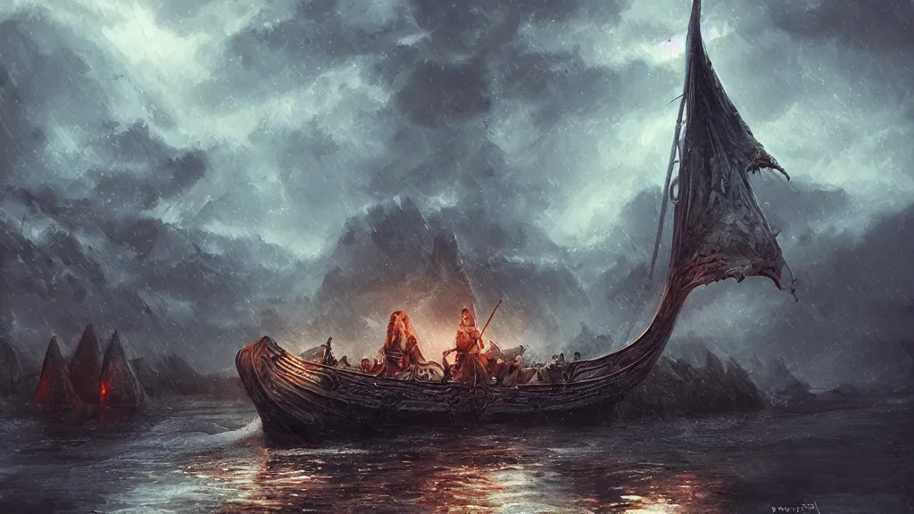 Image similar to viking ship arriving at mysterious place, night, thunderstorm, amazing, elegant, intricate, highly detailed, digital painting, artstation, concept art, motion blur, sharp focus, illustration, art by ross tran