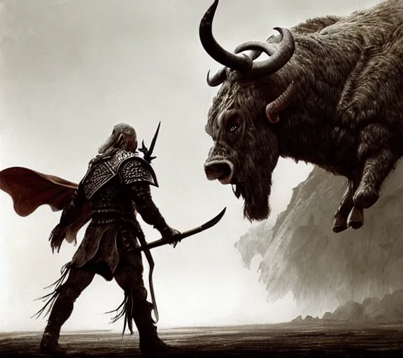 Image similar to bull headed warrior, minotaur concept art, beksinski, wayne barlowe, adrian smith fantasy art, the hobbit art, lord of the ring art, the witcher concept art, trending on artstation, game of throne art