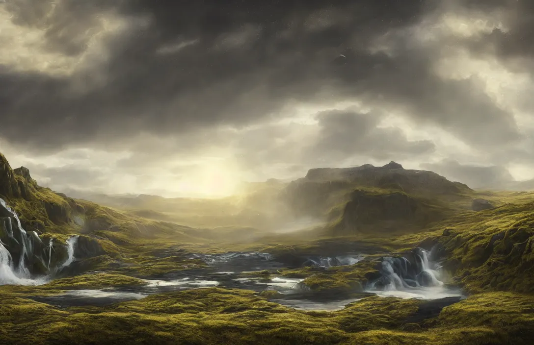 Image similar to a huge arc far away in a hyperreal mattepainting icelandic landscape, detailed dreamscape, hyperreal phantastic, intricate details in environment, golden ratio, high aestehtic, waterfall cascades, cinematic light dramatic light, lightrays, flying birds in distance, trending on artstation