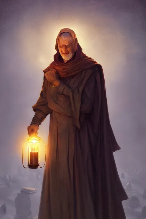 Image similar to male senior cleric holding a lantern in a cemetery, highly detailed, digital painting, artstation, concept art, smooth, sharp focus, illustration, art by artgerm and greg rutkowski and alphonse mucha and andrei riabovitchev